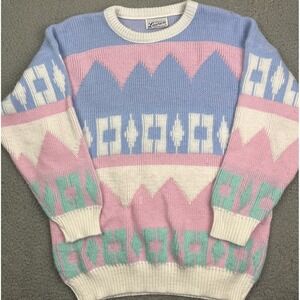 Vintage Pink & Blue Lauren Knitwear Corp. Acrylic Pullover Knit Sweater USA Made
